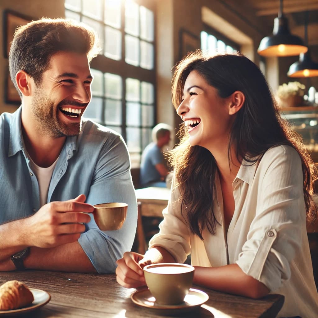 Man and woman on a date enjoying coffee together and laughing